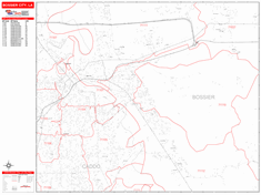 Bossier City Wall Map Zip Code Red Line Style 2024